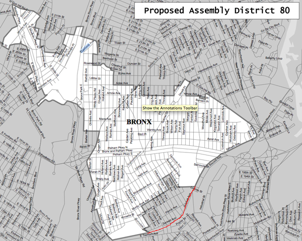 Proposed 80th Assembly District (the southeastern portion of Morris Park (in red) is moved into the 82nd District)