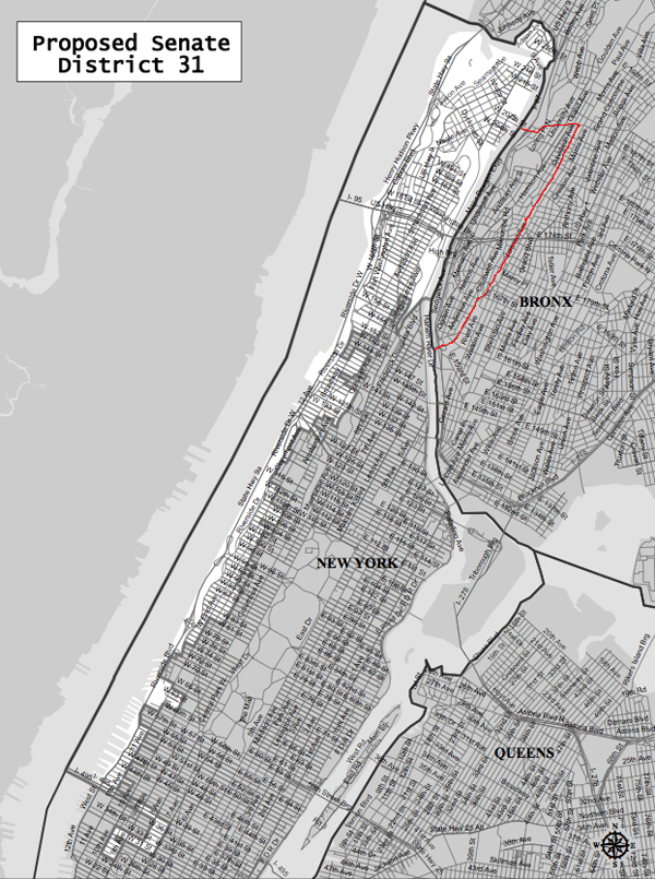 Instead of going east into The Bronx, the 31st Senate District goes south to Chelsea